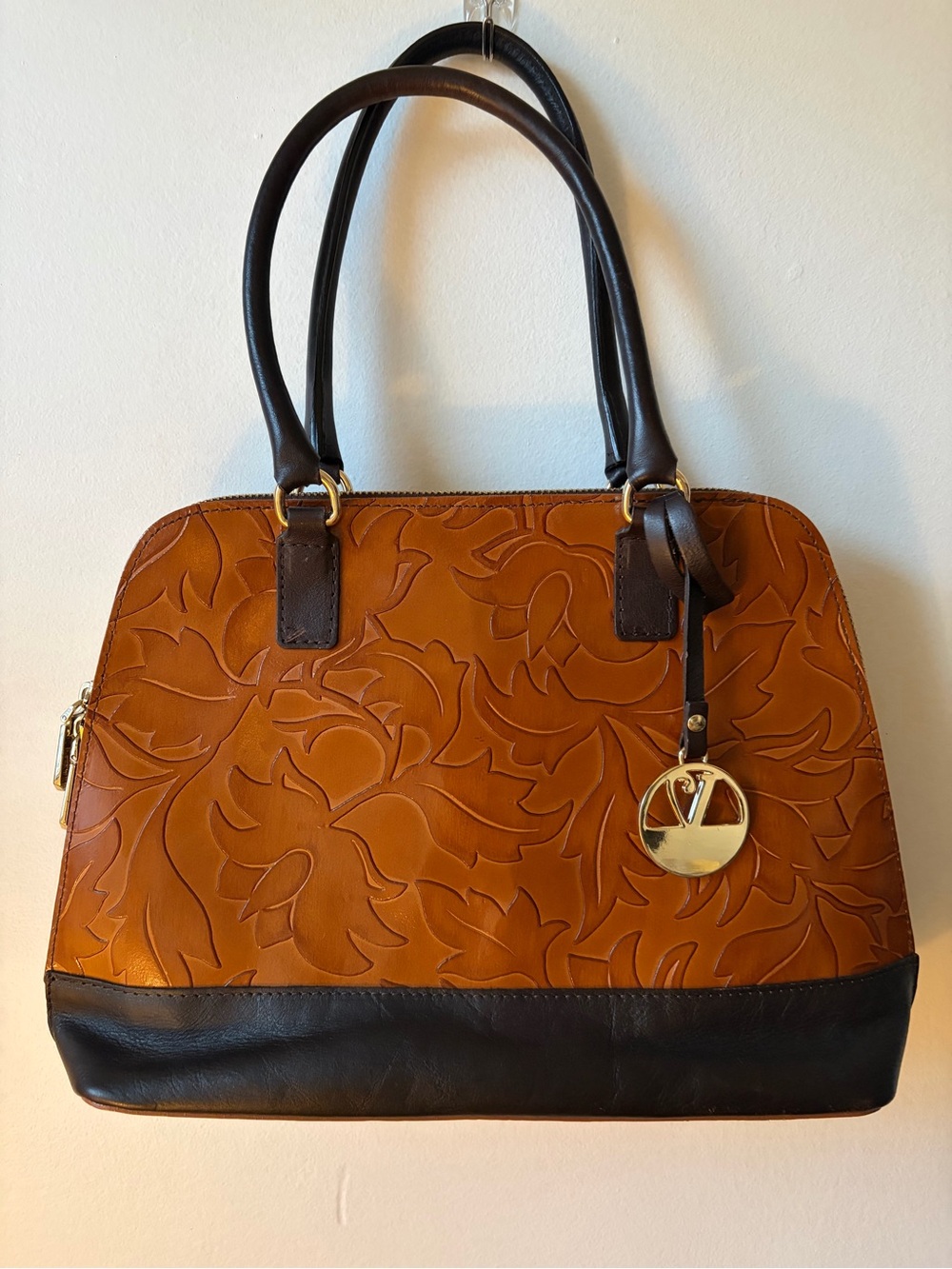 Valentina Genuine Italian Leather Tooled Floral Shoulder Bag Brown Vintage